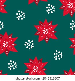 merry christmas and happy new year winter seasonal xmas seamless pattern with poinsettia flowers, endless repeatable texture , vector illustration graphic