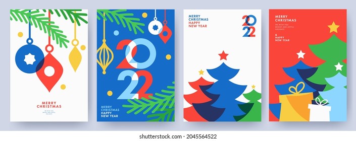 Merry Christmas and Happy New Year Set of greeting cards, posters, holiday covers. Modern Xmas design in blue, green, red, yellow and white colors. Christmas tree, balls, fir branches, gifts elements