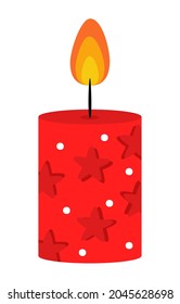 Merry Christmas and Happy New Year. Vector graphics. EPS 10. Red candle with stars, on a white background. Fire, flame. Design of invitations, cards, banners. For printing on paper. 