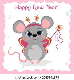 Merry Christmas and Happy New Year. A cute gray mouse in a butterfly costume holds a magic wand on a white background, snowflakes. Cartoon, vector