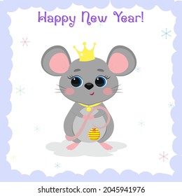 Merry Christmas and Happy New Year. A cute gray mouse princess in a crown holds a Christmas tree toy on a white background, snowflakes. Cartoon, vector.
