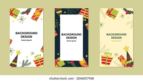 Merry Christmas and Happy New Year set of backgrounds, holiday covers. Trendy background templates. Perfect for web, banners design, social media posts. Vector illustration in flat style. 