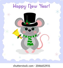 Merry Christmas and Happy New Year. A cute gray mouse in a hat and a green scarf holds a bell on a white background, snowflakes. Cartoon, vector.