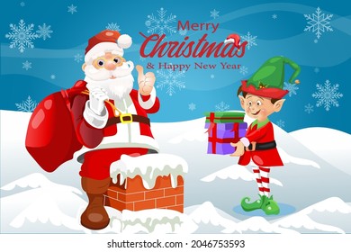 
Merry Christmas and happy new year winter greeting card Santa Claus with elf cartoon