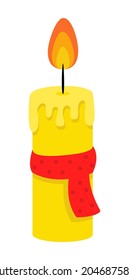 Merry Christmas and Happy New Year. Vector graphics. EPS 10. Yellow candle with a scarf, on a white background. Fire, flame. Design of invitations, cards, banners. For printing on paper. 