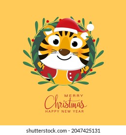 Merry Christmas and happy new year 2022. The year of tiger. Cute animal wear red winter costume. Holidays cartoon character. -Vector