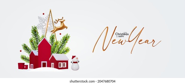 Merry Christmas and Happy New Year soft blue 3D design with Christmas town, deer jump and fir tree.