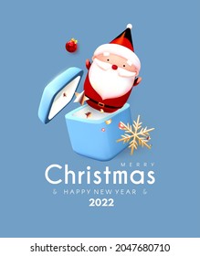 Merry Christmas and Happy New Year soft blue 3D design with cute Santa and gifts.