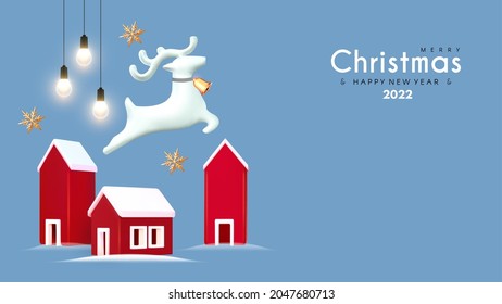 Merry Christmas and Happy New Year soft blue 3D design with Christmas town, deer jump, light bulbs and snowflakes