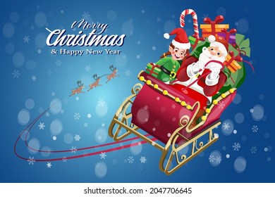 
Merry Christmas and happy new year Santa sleigh flying with elf