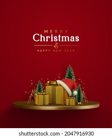 Merry Christmas and Happy New Year. Xmas composition golden podium with fluffy pine tree and fir trees, gold 3d gifts boxes, shiny tinsel confetti. Winter greeting design. Holiday vector illustration