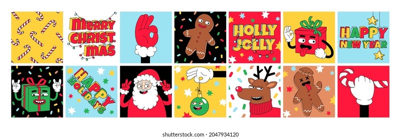 Merry Christmas and Happy New year funny cartoon characters. Sticker pack, square posters, prints. Set of vector comic illustrations with reindeer, Santa Claus in trendy weird retro cartoon style.