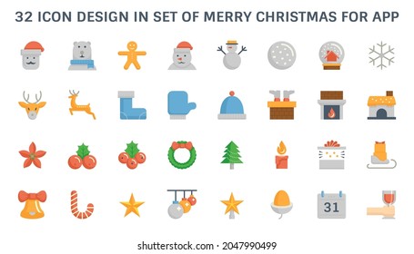 Merry christmas and happy new year vector icon consist of santa claus cartoon, cute animal, food and ornament object i.e. gift, golden ball, green tree, holly, snow, star for decoration card and party