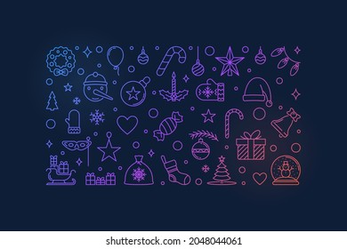 Merry Christmas and Happy New Year Greeting Card line creative design - Xmas concept vector horizontal illustration on dark background