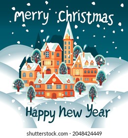 Merry Christmas and Happy New Year  background with winter street village city ,snow,trees and handwritten greeting text.Cartoon card.Hand drawn vector illustration.