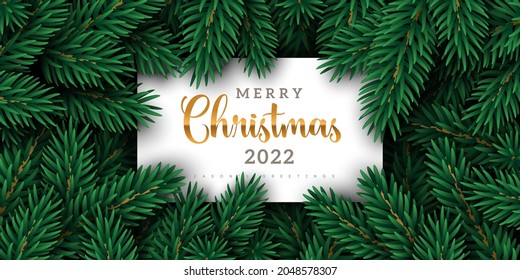 Merry Christmas and Happy New Year 2022 winter background with xmas tree branches and white square frame with place for text. Vector illustration. Holiday flyer, sale voucher or party poster invite