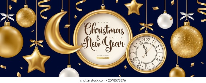 Merry Christmas and Happy New Year 2022 Banner with Hanging Golden Baubles and Circle Frame. Glitter Background with Confetti, Gold Moon and Stars. Vector illustration. Glowing Invitation Template.