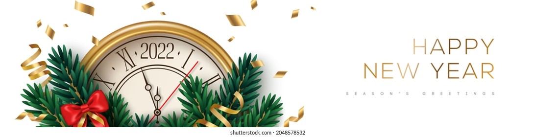 Merry Christmas and Happy New Year 2022 Banner with Xmas Tree Branches and Golden Clock Face on White Background. Vector illustration. Winter holiday template design, header, poster, sale voucher