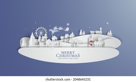 Merry Christmas and Happy New Year. Illustration of Santa Claus on the sky coming to City ,paper art and digital craft style