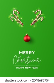 Merry Christmas and Happy New Year poster. Minimal vector illustration with candy canes, Christmas red ball and sparkling garlands on green background.