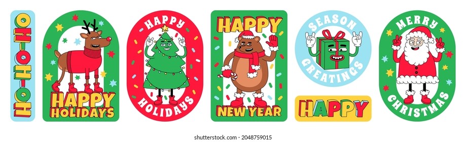 Merry Christmas and Happy New year funny cartoon characters. Sticker pack, posters. Set of vector comic illustrations with reindeer, Santa Claus, Christmas tree in trendy weird retro cartoon style.