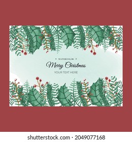  Merry Christmas and Happy New Year Card design with Christmas tree in plant wreath vector illustration. Watercolor seamless pattern with tropical palm leaves. Hand-painted exotic leaves and branches