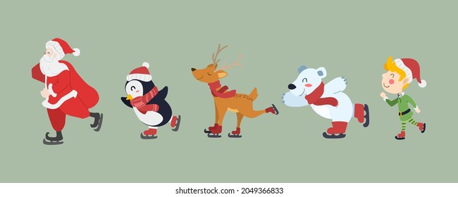 Merry christmas and happy new year greeting card. Cute cartoon characters design of Santa Claus, Penguin, Reindeer, Polar Bear and Elf boy skating. Vector illustration