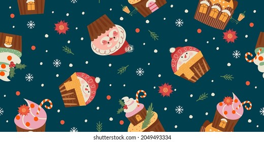 Merry Christmas and Happy New Year. Vector seamless pattern with cute sweets.