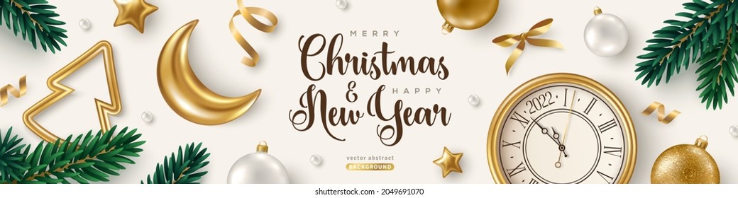 Merry Christmas and Happy New Year 2022 Banner with Xmas Tree Branches, Golden Baubles, Moon and Clock Bright Background. Vector illustration. Winter holiday template design, poster, flyer, voucher