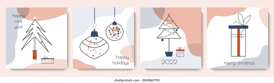 Merry Christmas and Happy New Year greeting card collection. Cute square winter template set. Vector illustration for social media, print, banner minimal design.