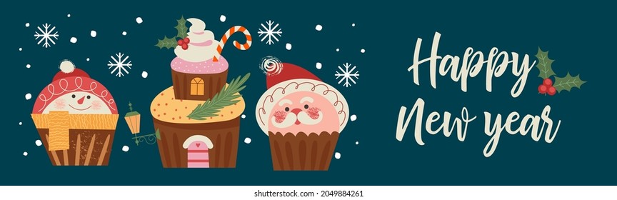 Merry Christmas and Happy New Year. Vector illustration with cute sweets. A template for a greeting card, a Christmas poster.
