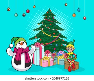 merry christmas happy new year snowman and elf with gift boxes  pop art comics style.