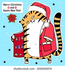 Merry christmas and Happy new year. Greeting card with hand drawn tiger - symbol 2022 year