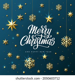 Merry Christmas and Happy New Year Greeting Card with golden Stars, Snowflakes, Beads and Confetti on a blue background. Realistic golden snowflake. Vector illustration.