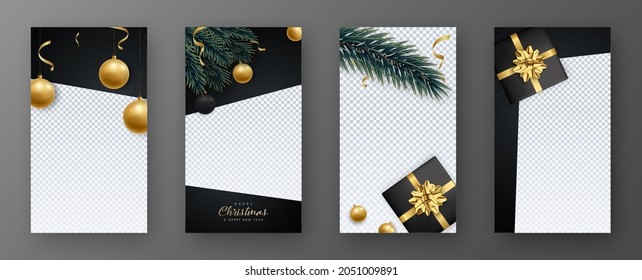 Merry Christmas and Happy New Year festive template for social media, stories, social networks. Vector Christmas vertical templates set. Realistic decorative elements.