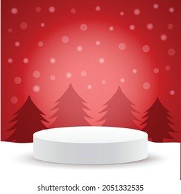 merry christmas and happy new year stage pedestal or platform, geometry podium shape for show product display, Abstract minimal mock up scene, winter christmas background with tree xmas. 3D vector