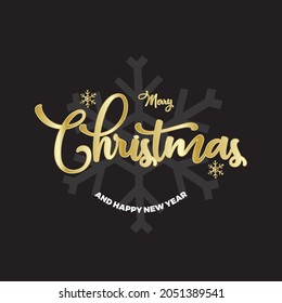 Merry Christmas and Happy New Year lettering template. Greeting card invitation with golden snowflakes. Winter holidays related typographic quote. Vector vintage illustration.