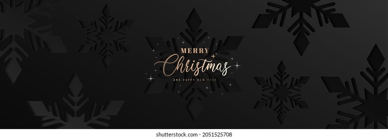 Merry christmas and happy new year with snowflake stencil pattern horizontal. Dark snowflake paper cut background with shadow decoration. Modern simple texture creative design. Vector illustration