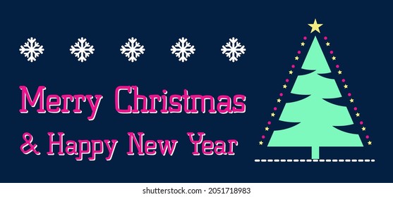 Merry Christmas and Happy New Year greeting card with Christmas tree, snow and text 