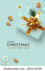 Merry Christmas and Happy New Year. Xmas Background realistic design blue gifts box, festive decorative objects. flat lay top view. Holiday poster, web banner, flyer, stylish brochure, greeting card