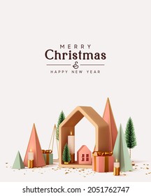 Merry Christmas and Happy New Year. Modern Abstract minimal background with 3D Christmas trees. Xmas decorative ornament, realistic render objects. web poster, holiday banner, flyer, stylish brochure.