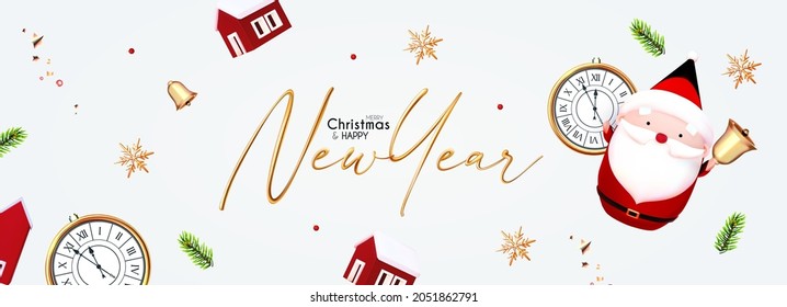 Merry Christmas and Happy New Year soft blue 3D design with golden text, cute Santa Claus with bejj, clock, snowflakes, house and fir tree branches