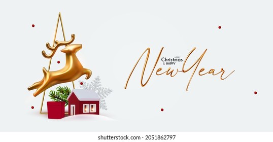 Merry Christmas and Happy New Year soft blue 3D design with Christmas town, deer jump and fir tree