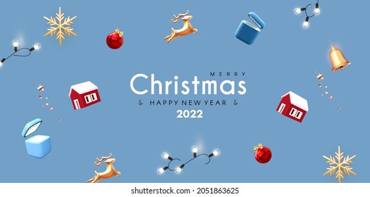 Merry Christmas and Happy New Year soft blue 3D design with deer, house, snowflakes and light garlands.