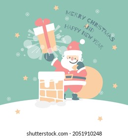 merry christmas and happy new year with cute santa claus and present gift with chimney in the winter season green background, flat vector illustration cartoon character costume design