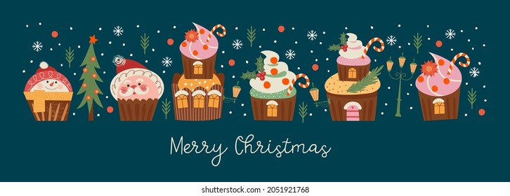 Merry Christmas and Happy New Year. Vector illustration with cute sweets. A template for a greeting card, a Christmas poster.