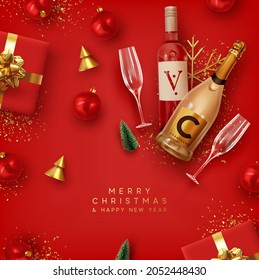 Merry Christmas and Happy New Year. Red Xmas Background With design realistic bottle of champagne and wine, festive decorative objects gift box, balls, Christmas tree and pine tree, golden confetti.