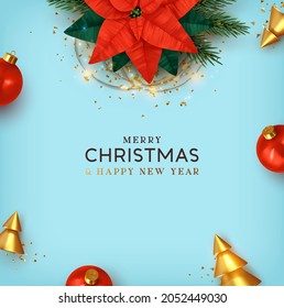 Merry Christmas and Happy New Year. Xmas Background design realistic beautiful Poinsettia flower - red Christmas star. festive decorative objects. Blue poster, holiday banner, flyer, stylish brochure