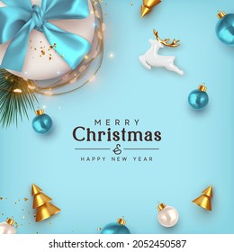 Merry Christmas. Happy New Year. Blue Xmas Background design realistic gifts box, festive decorative object. flat lay top view. Christmas poster, holiday banner, flyer, stylish brochure, greeting card
