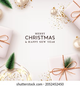 Merry Christmas and Happy New Year. Xmas Background design lights garland, realistic gifts box, white balls and glitter gold confetti. Christmas poster, holiday banner layout, lush green tree and pine
